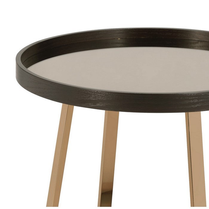 Wood and Metal End Table with Glass Top, Gold and Brown