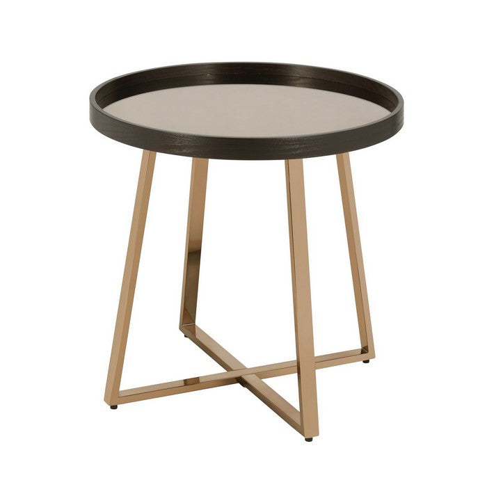 Wood and Metal End Table with Glass Top, Gold and Brown