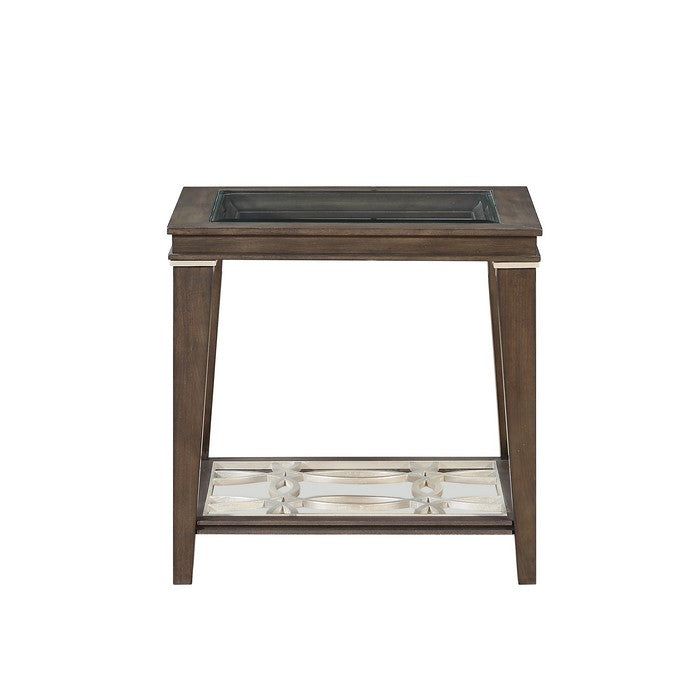 Wood and Glass End Table with Cut Out Design, Brown