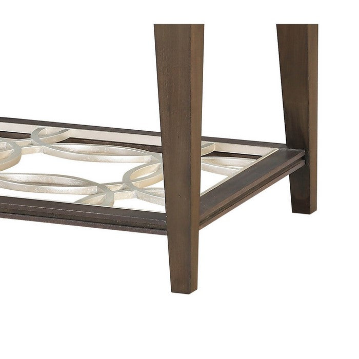 Wood and Glass End Table with Cut Out Design, Brown
