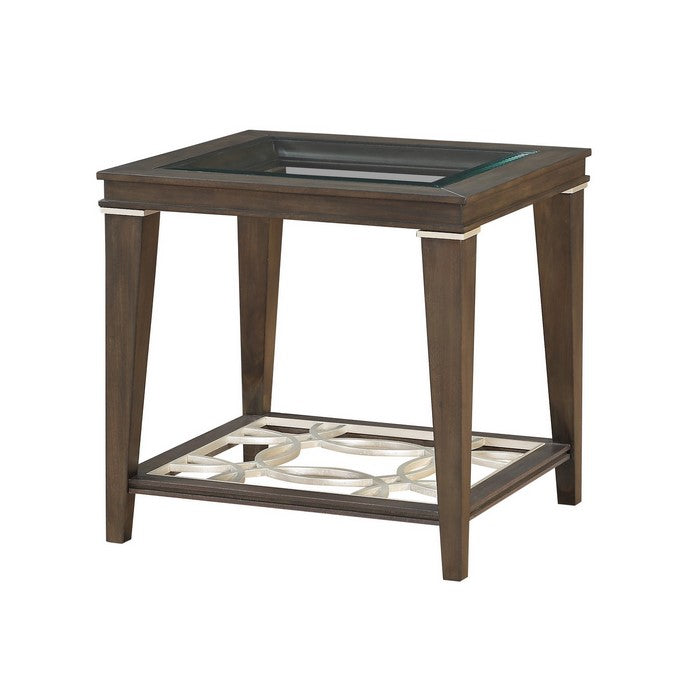 Wood and Glass End Table with Cut Out Design, Brown