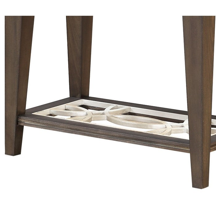 Wood and Glass Side Table with Cut Out Design, Brown