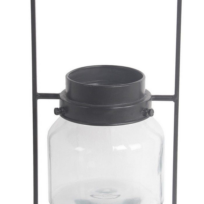Industrial Style Metal Frame Glass Lantern with Handle, Small, Black