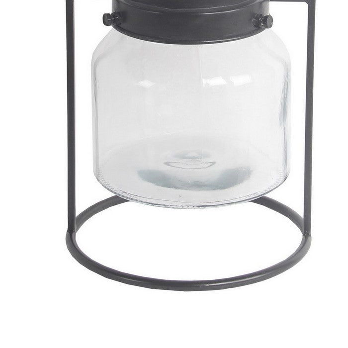 Industrial Style Metal Frame Glass Lantern with Handle, Small, Black