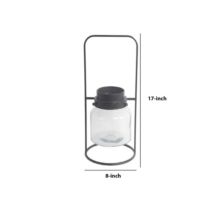 Industrial Style Metal Frame Glass Lantern with Handle, Small, Black