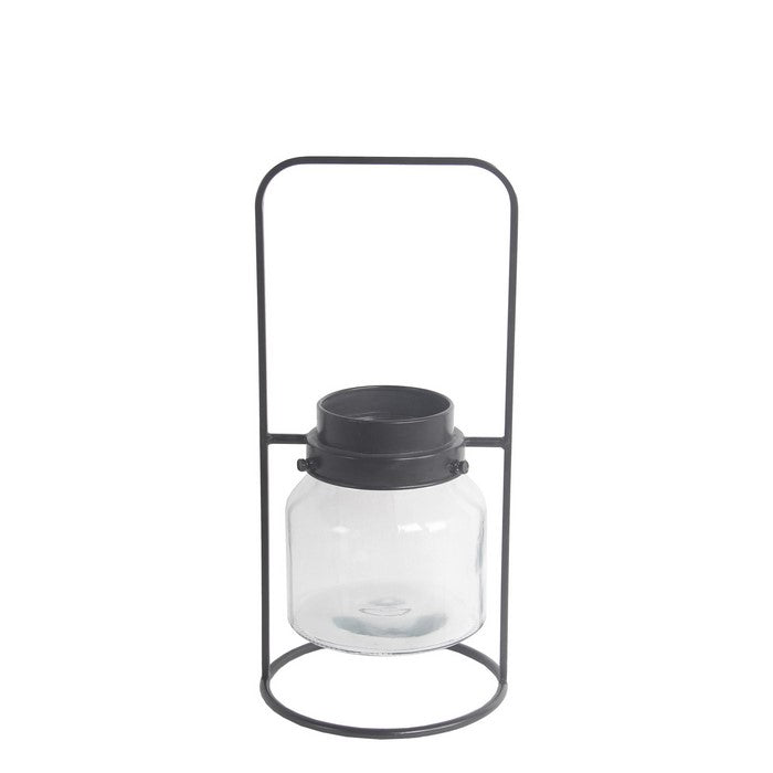 Industrial Style Metal Frame Glass Lantern with Handle, Small, Black