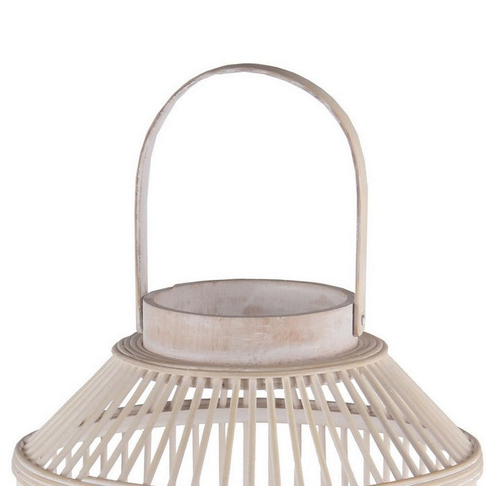 Wooden Cage Shaped Lantern with Tapered Base, Large, Washed White