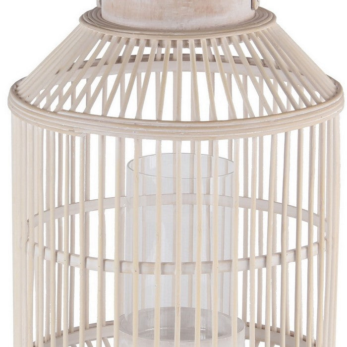 Wooden Cage Shaped Lantern with Tapered Base, Large, Washed White