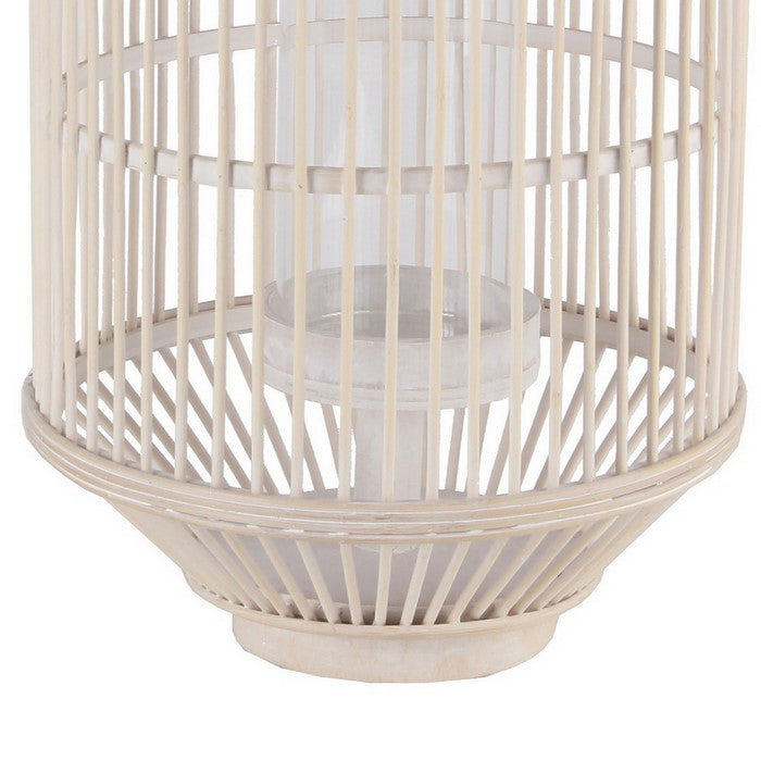 Wooden Cage Shaped Lantern with Tapered Base, Large, Washed White