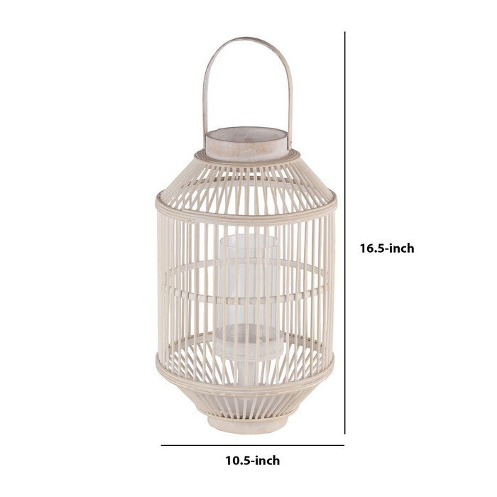 Wooden Cage Shaped Lantern with Tapered Base, Large, Washed White