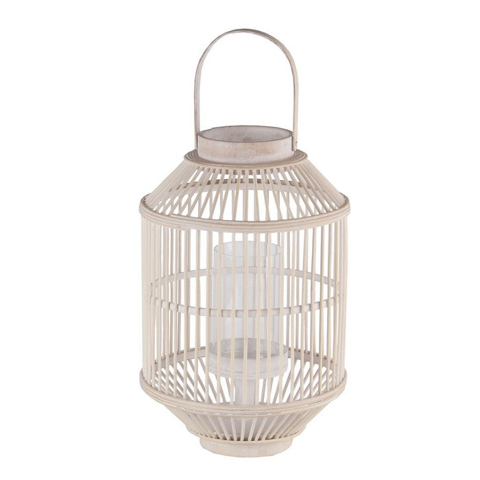 Wooden Cage Shaped Lantern with Tapered Base, Large, Washed White