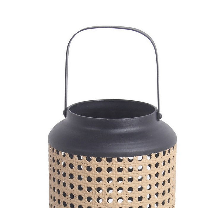 Cylindrical Metal Lantern with Lattice Design, Large, Brown and Black