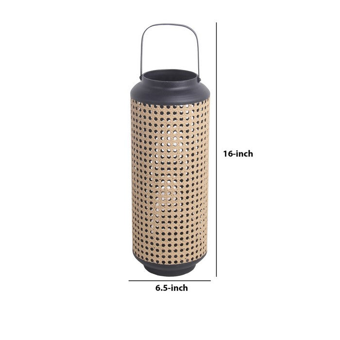 Cylindrical Metal Lantern with Lattice Design, Large, Brown and Black