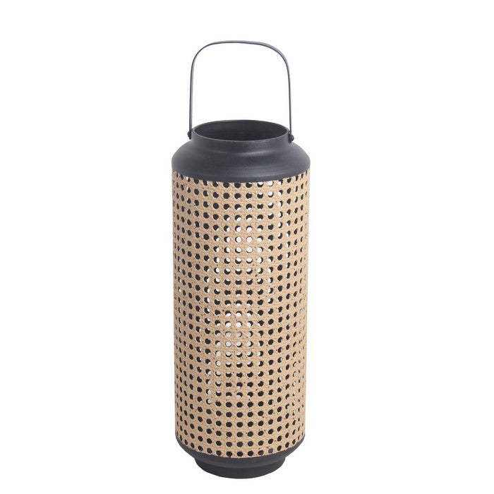 Cylindrical Metal Lantern with Lattice Design, Large, Brown and Black