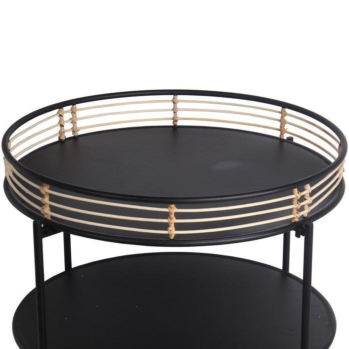 Metal Round Accent Table with Open Bottom Shelf and Rail Top, Black