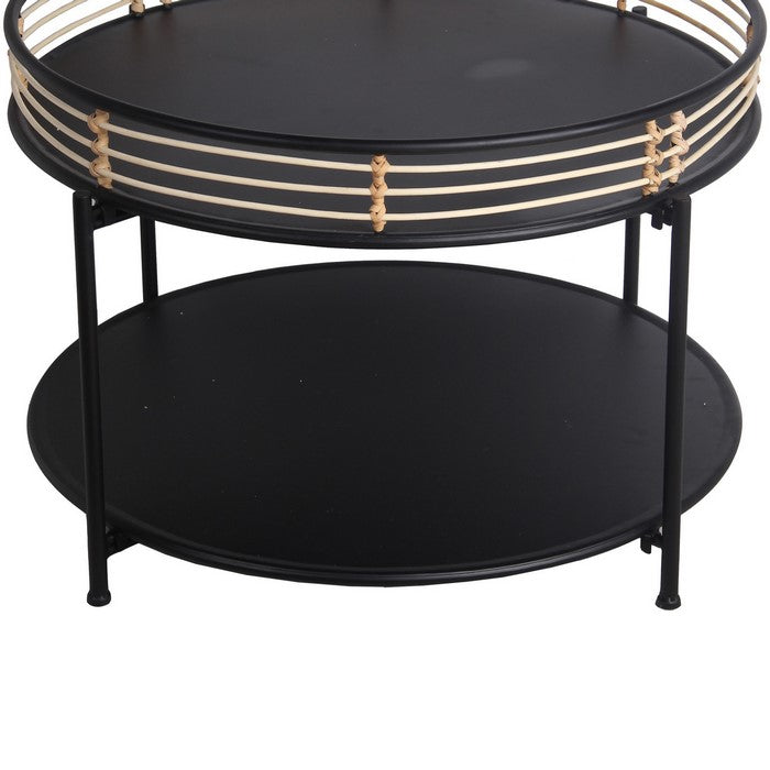 Metal Round Accent Table with Open Bottom Shelf and Rail Top, Black