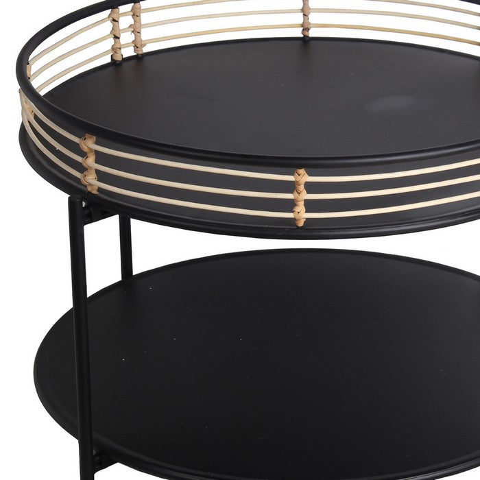 Metal Round Accent Table with Open Bottom Shelf and Rail Top, Black