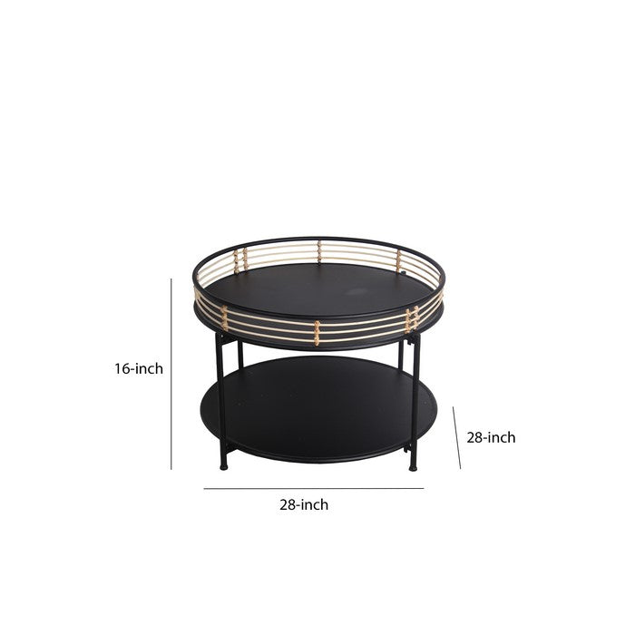 Metal Round Accent Table with Open Bottom Shelf and Rail Top, Black