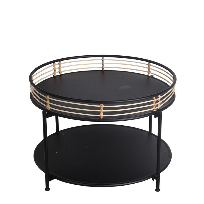 Metal Round Accent Table with Open Bottom Shelf and Rail Top, Black