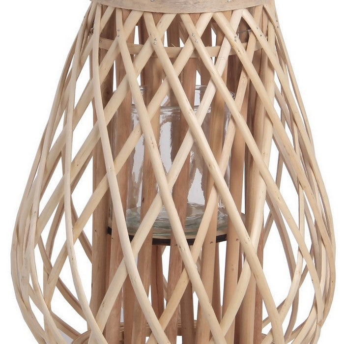 Bellied Bamboo Lantern with Lattice Design and Handle, Medium, Brown