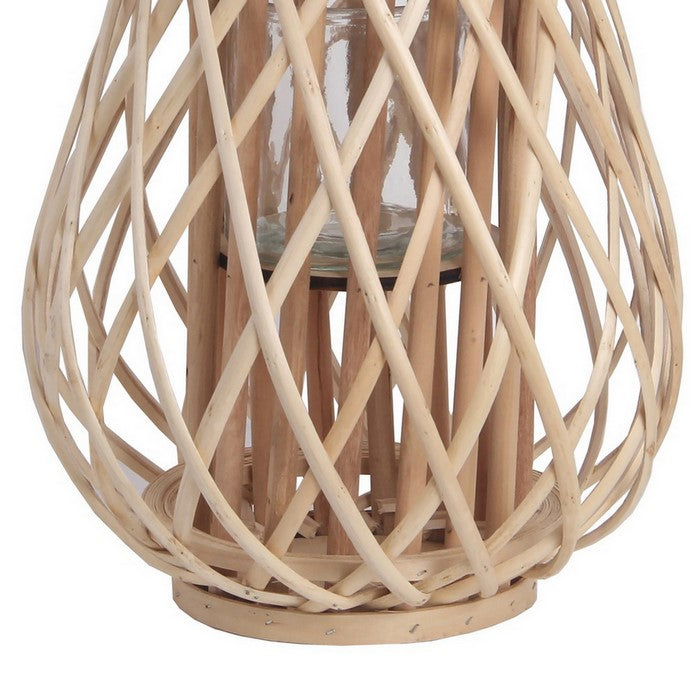Bellied Bamboo Lantern with Lattice Design and Handle, Medium, Brown