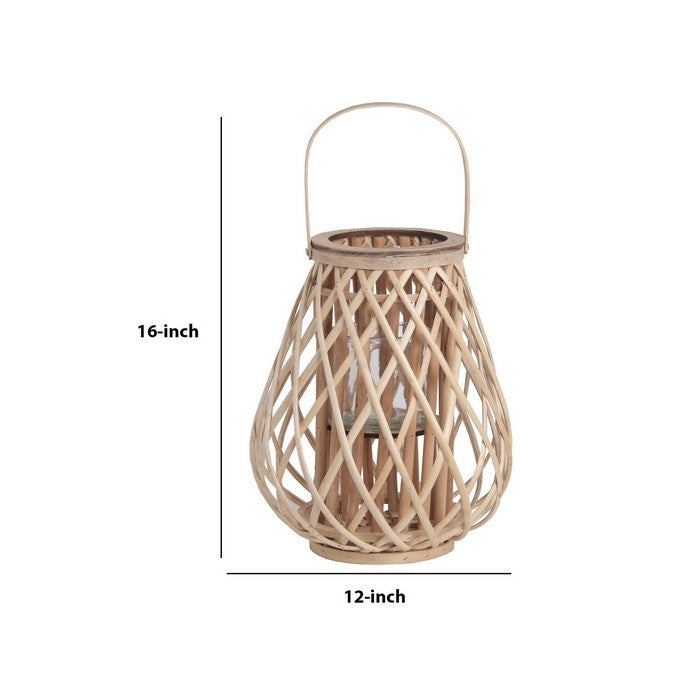 Bellied Bamboo Lantern with Lattice Design and Handle, Medium, Brown