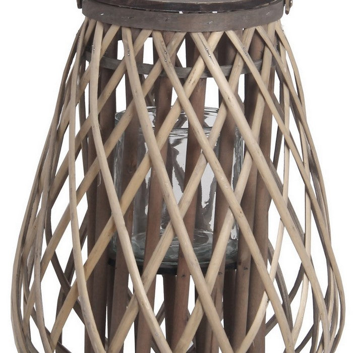 Bellied Bamboo Lantern with Lattice Design and Handle, Medium, Gray