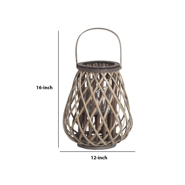 Bellied Bamboo Lantern with Lattice Design and Handle, Medium, Gray