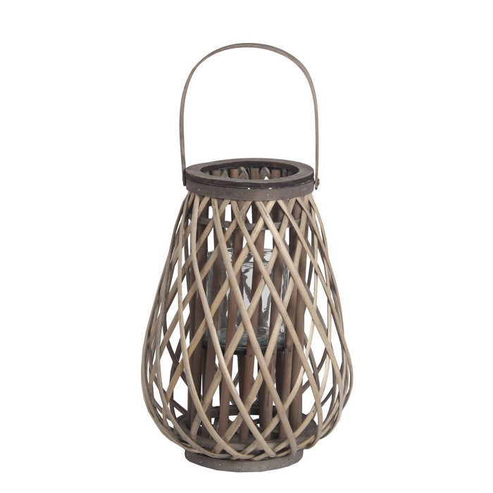 Bellied Bamboo Lantern with Lattice Design and Handle, Medium, Gray