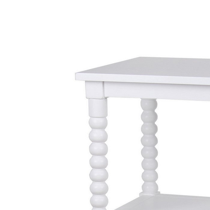 3 Tier Wooden Accent Stand with Rectangular Top and Beaded Legs, White