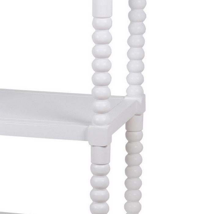 3 Tier Wooden Accent Stand with Rectangular Top and Beaded Legs, White