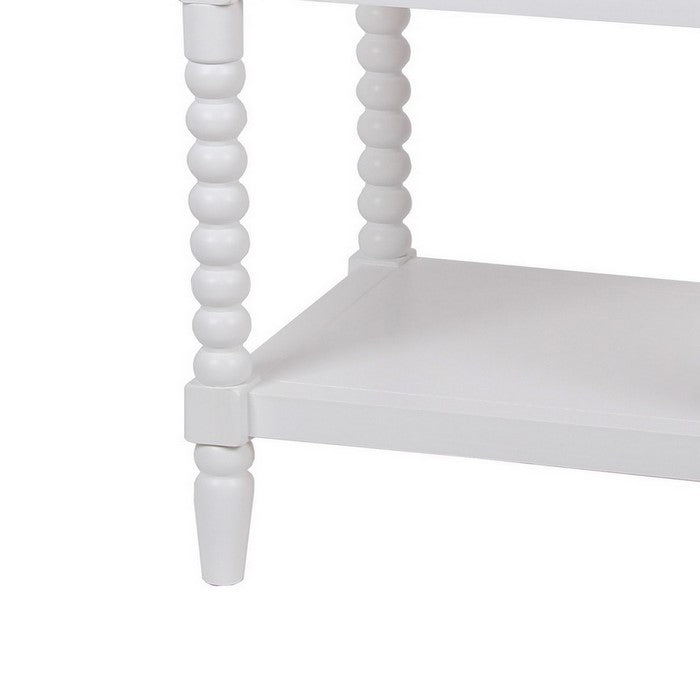 3 Tier Wooden Accent Stand with Rectangular Top and Beaded Legs, White