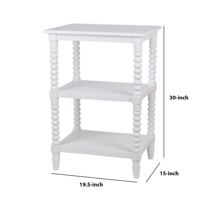 3 Tier Wooden Accent Stand with Rectangular Top and Beaded Legs, White