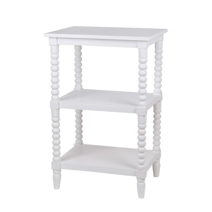 3 Tier Wooden Accent Stand with Rectangular Top and Beaded Legs, White