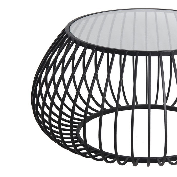 Metal Accent Table with Round Cage Base and Glass Top, Black