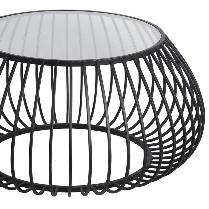 Metal Accent Table with Round Cage Base and Glass Top, Black