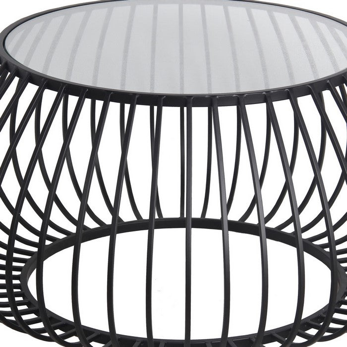 Metal Accent Table with Round Cage Base and Glass Top, Black