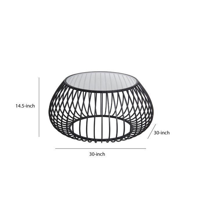 Metal Accent Table with Round Cage Base and Glass Top, Black
