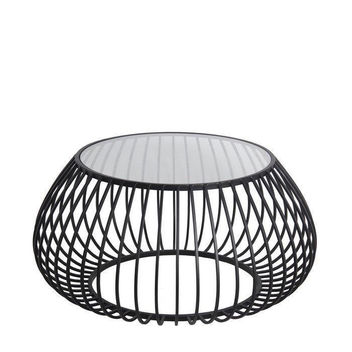Metal Accent Table with Round Cage Base and Glass Top, Black