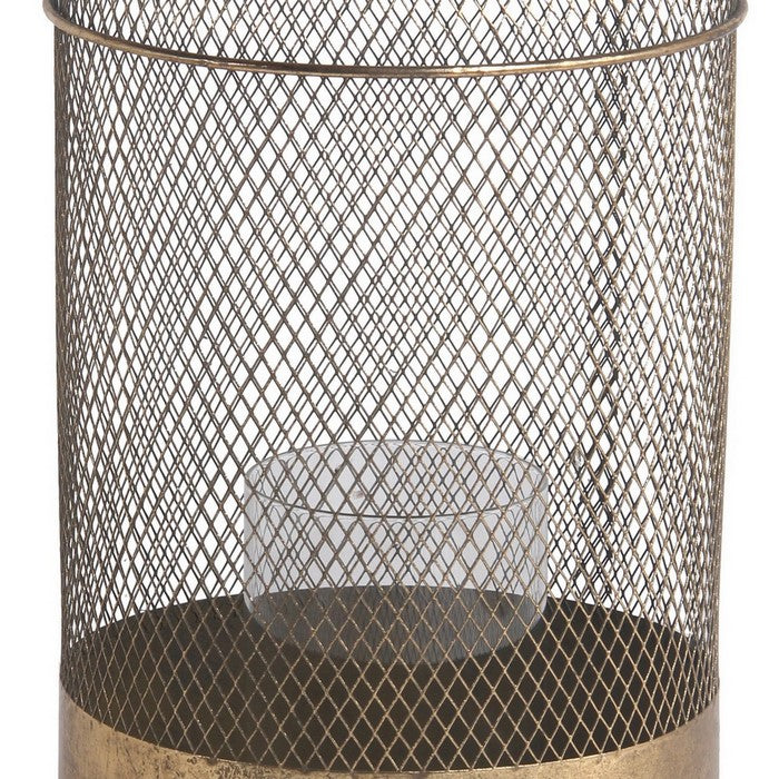 Wire Mesh Cylindrical Metal Lantern with Glass Hurricane,Small,Antique Gold
