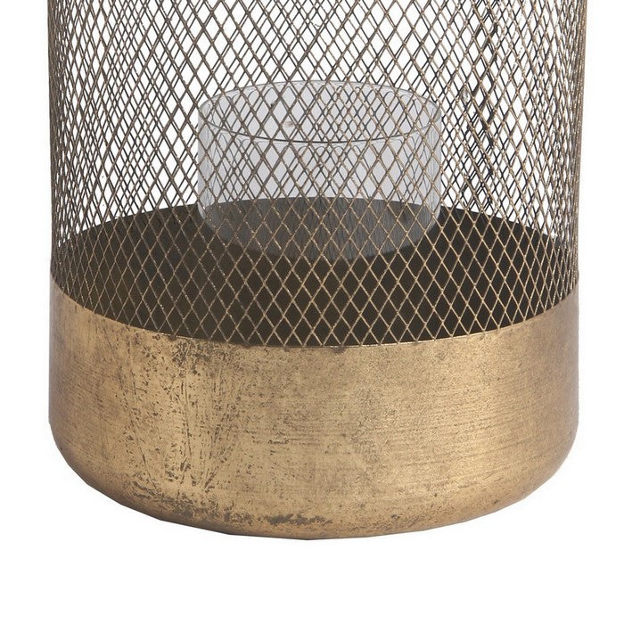Wire Mesh Cylindrical Metal Lantern with Glass Hurricane,Small,Antique Gold