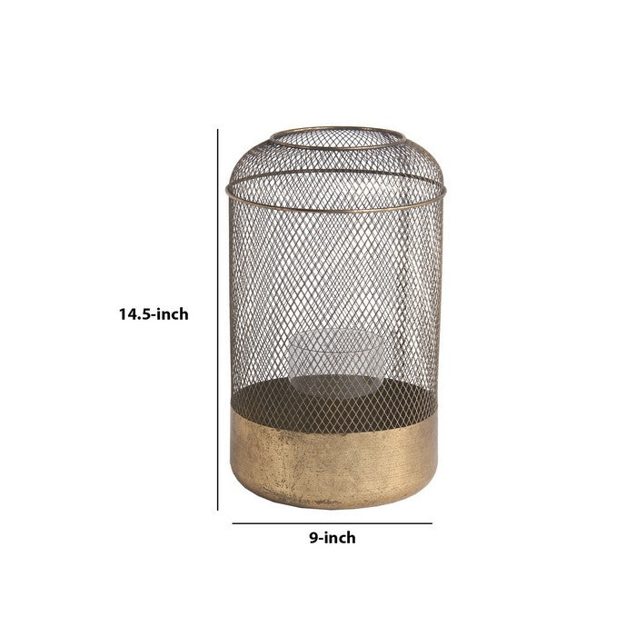 Wire Mesh Cylindrical Metal Lantern with Glass Hurricane,Small,Antique Gold