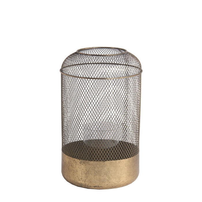 Wire Mesh Cylindrical Metal Lantern with Glass Hurricane,Small,Antique Gold
