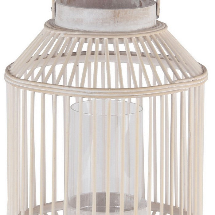 Wooden Cage Shaped Lantern with Tapered Base, Small, Washed White