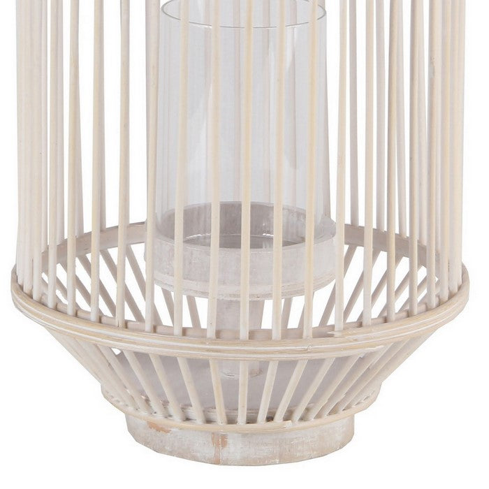 Wooden Cage Shaped Lantern with Tapered Base, Small, Washed White