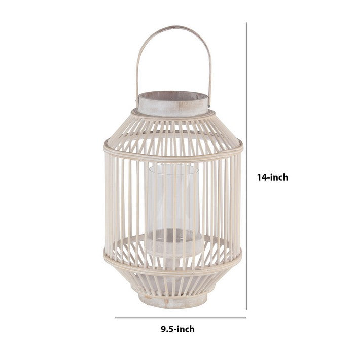 Wooden Cage Shaped Lantern with Tapered Base, Small, Washed White