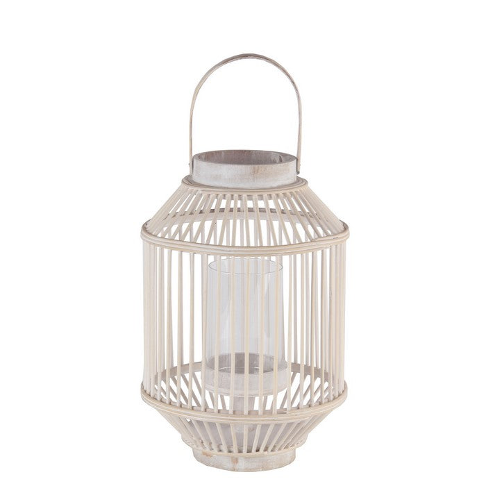 Wooden Cage Shaped Lantern with Tapered Base, Small, Washed White