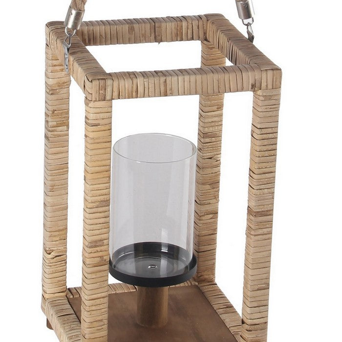 Square Lantern with Woven Body and Rope Handle, Natural Brown