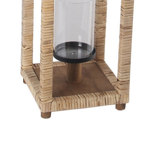 Square Lantern with Woven Body and Rope Handle, Natural Brown