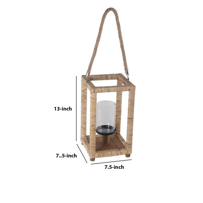 Square Lantern with Woven Body and Rope Handle, Natural Brown